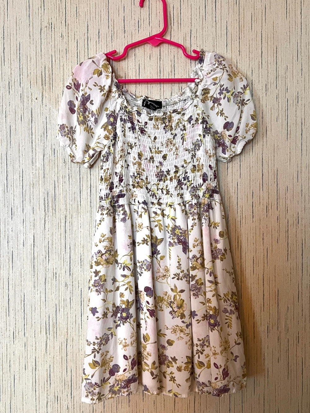 art class White Floral Smocked Dress with Purple & Olive Print